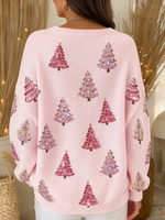 Suéter de punto con diseño de árbol de Navidad rosa, elegante y acogedor
