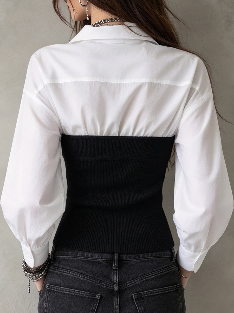 シックなフェイクレイヤード スプライス ニット トップ