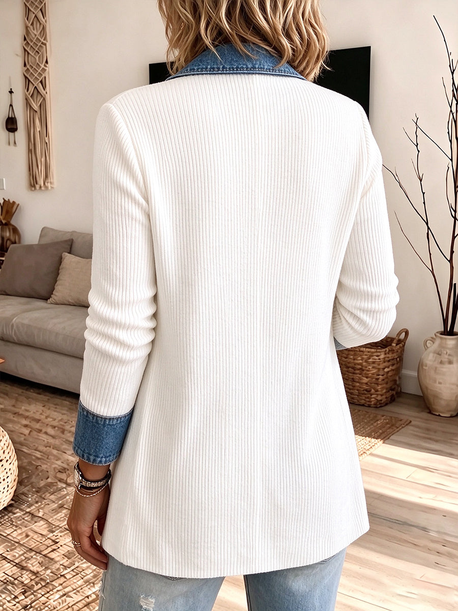 Sophisticated Ribbed Knit Cardigan with Denim Trim