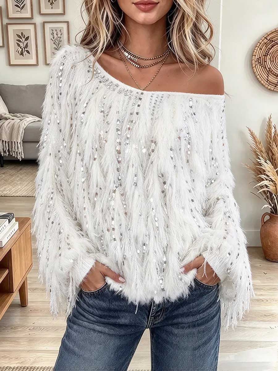 Flauschiger, mit Pailletten verzierter One-Shoulder-Pullover für Damen