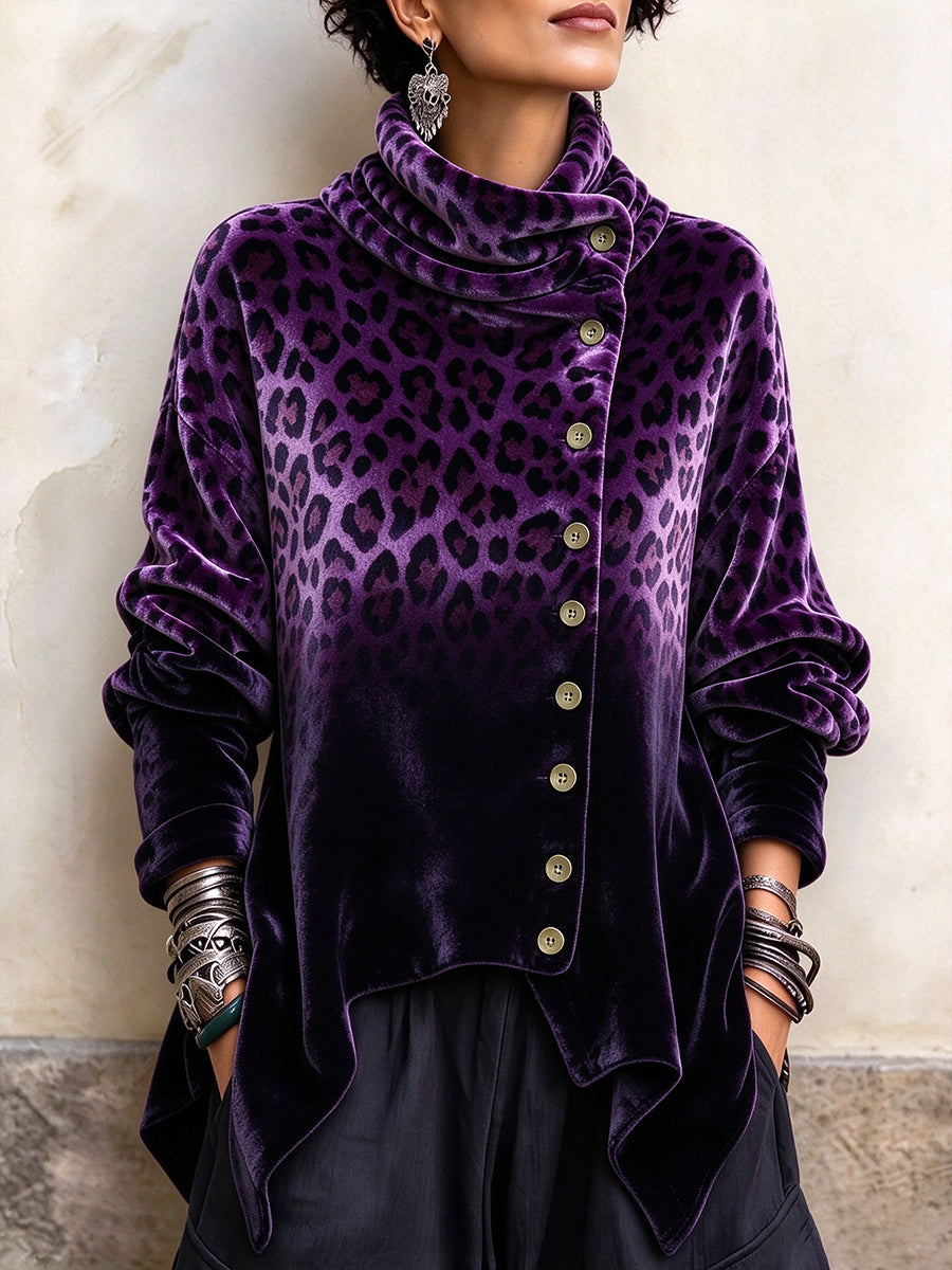 Top in velluto con stampa leopardata viola ombré