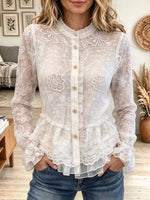 Women's Elegant Floral Lace Sheer Button-Down Peplum Blouse