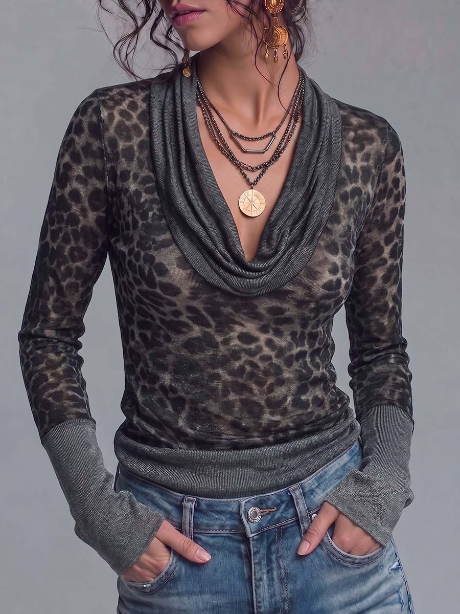 Women's Long-sleeve Loose-fit Knit Top With Cowl Neck And Leopard Print Panel Detail