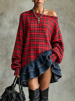 Chic Off-the-shoulder Denim Ruffles Plaid Patchwork Dress