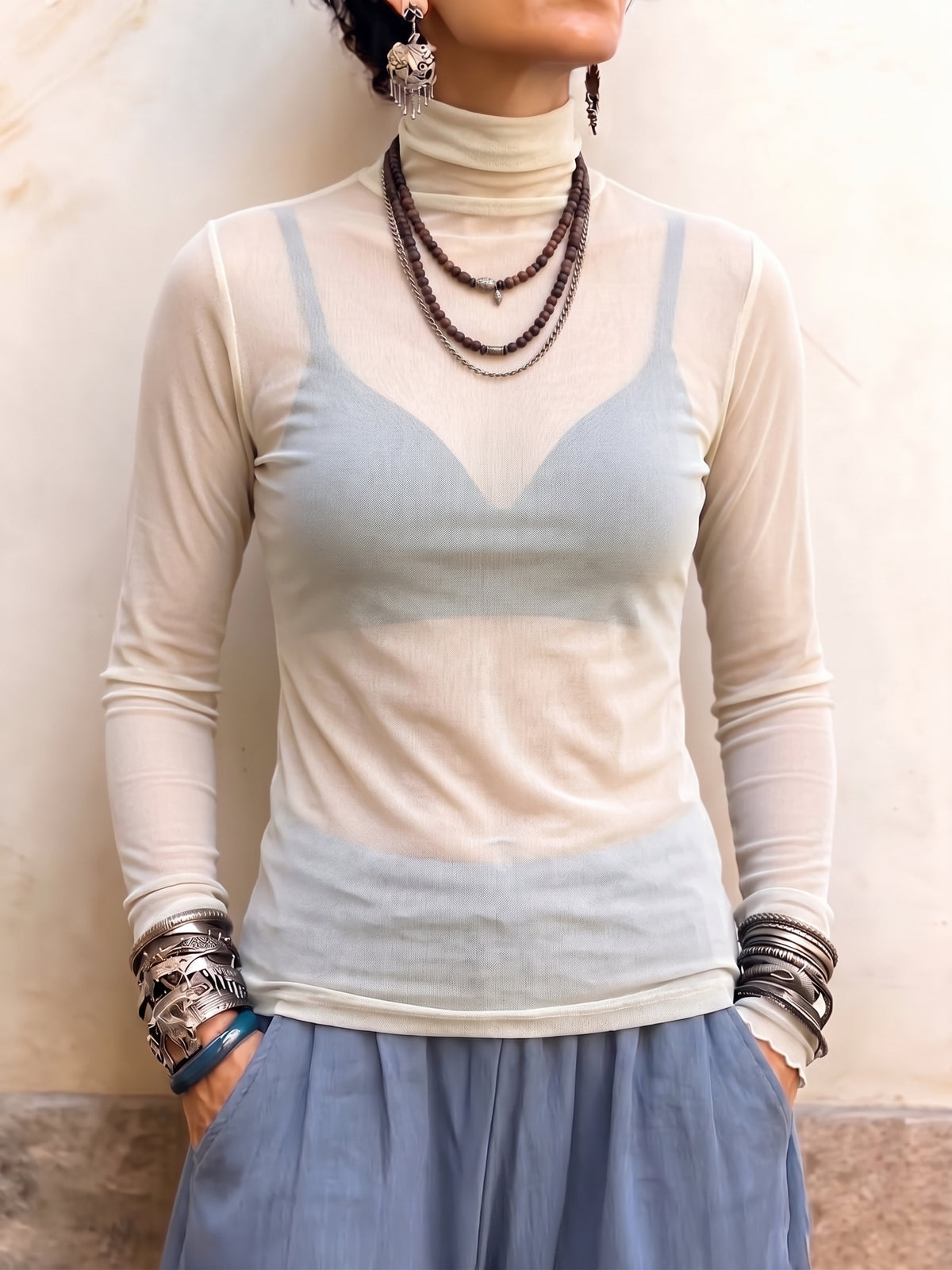 Ŝika Sheer Mock-Neck Mesh Top