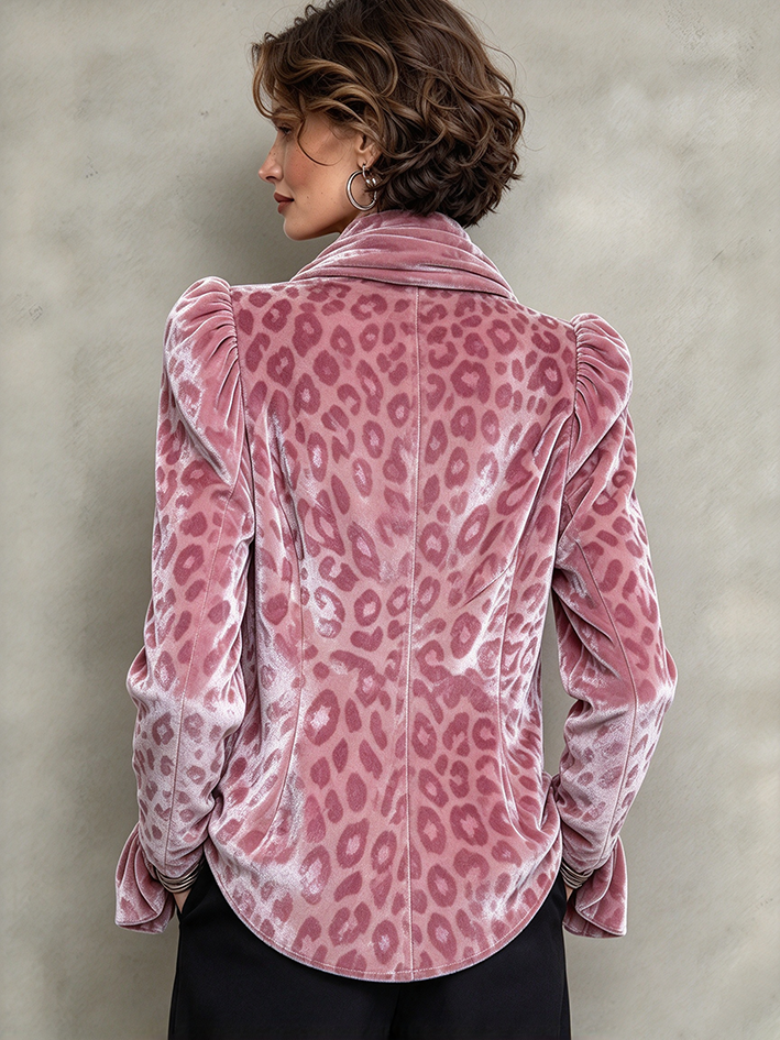Chaqueta elegante con cremallera asimétrica de terciopelo de leopardo rosa