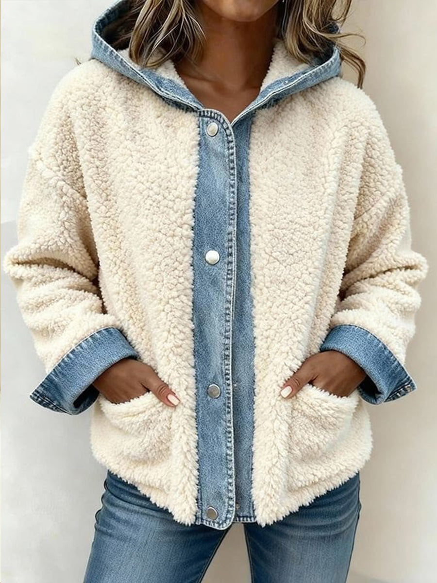 Cozy Sherpa & Denim Spliced Hooded Jacket
