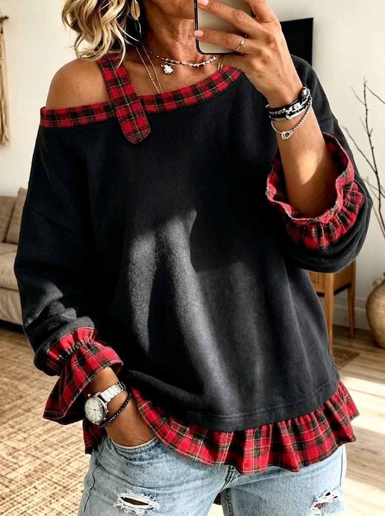 Sudadera informal elegante con hombros descubiertos y paneles a cuadros