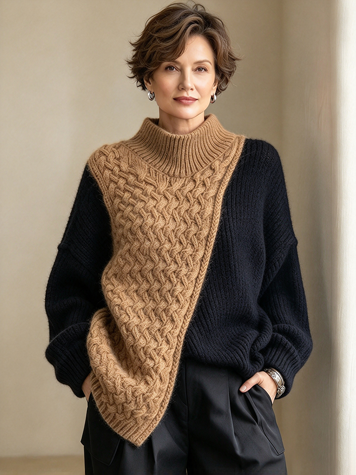 Moderner, gemütlicher Colorblock-Pullover mit Zopfmuster und Stehkragen