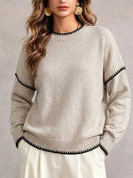 Contrast Stitching Crew Neck Drop‑shoulder Oversized Knit Sweater