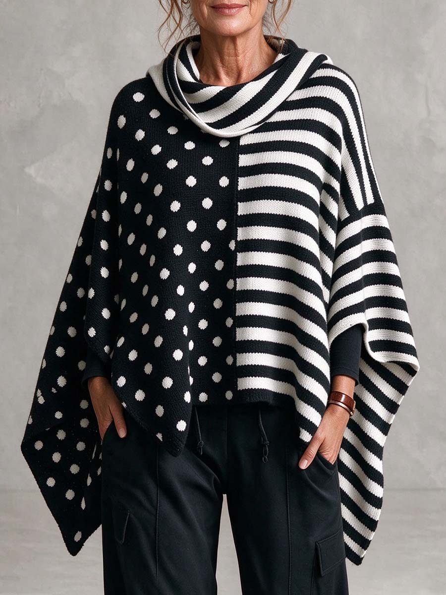 Maglione poncho a righe e pois bianchi e neri da donna