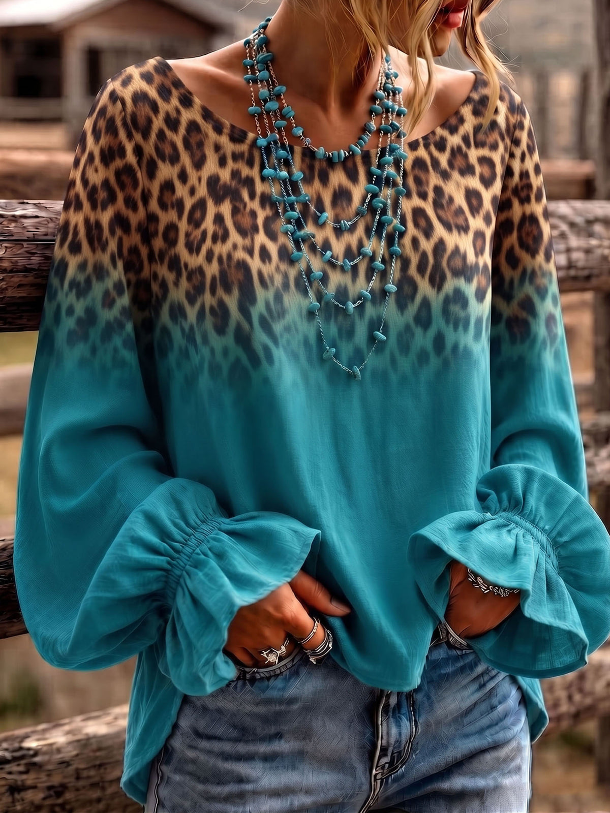 Boho Gradient Leopard Print Ruffle Cuffs Blouse
