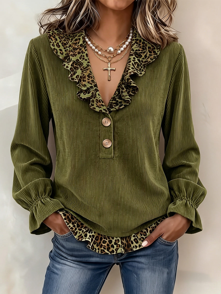 Chic Leopard-Trim Corduroy Blouse