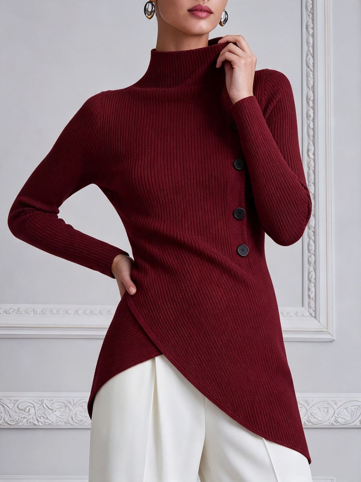 Chic Ribbed Knit Asymmetrical Button Top