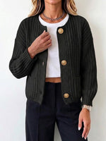 Round Neck Chunky Knit Gold‑button Cropped Cardigan