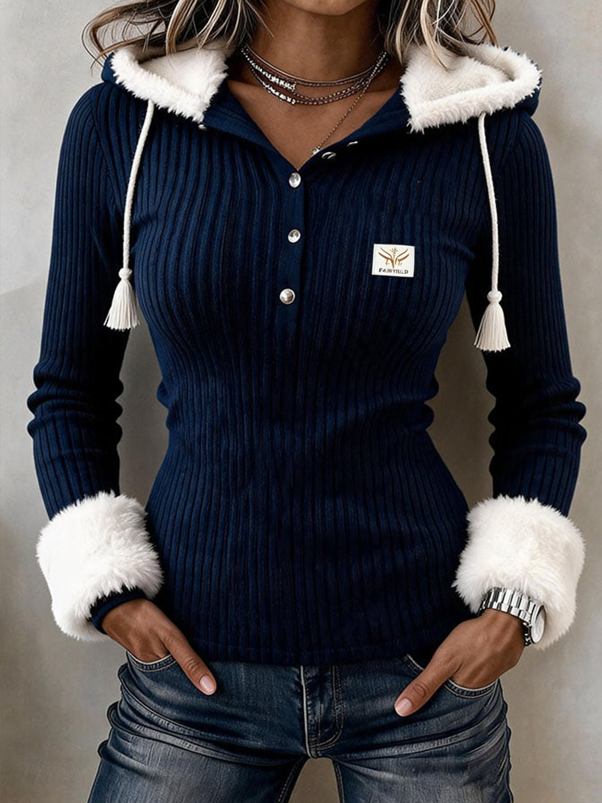 Cozy Faux Fur Trim Hooded Ribbed Knit Top