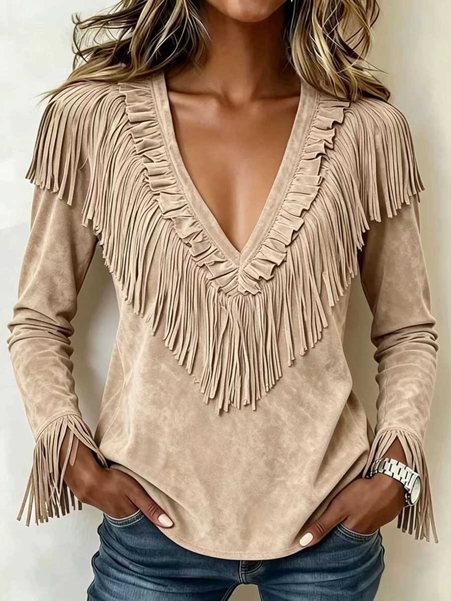 Top con borlas sueltas informales de manga larga con cuello en V de color sólido para mujer