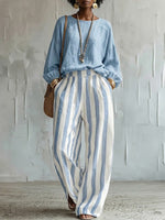 Comfortable Classic Striped Cotton-linen Two-piece Set