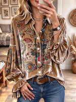 Camisa bohemia de terciopelo floral con botones y mangas con volantes para mujer