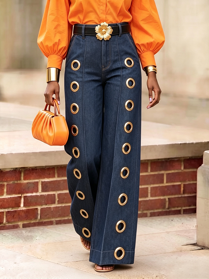 Chic Eye-catching Gold-tone Wide-leg Denim Jeans