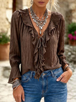Casual Ruffle-collar Tie-neck Shirt In Textured Pleated Fabric