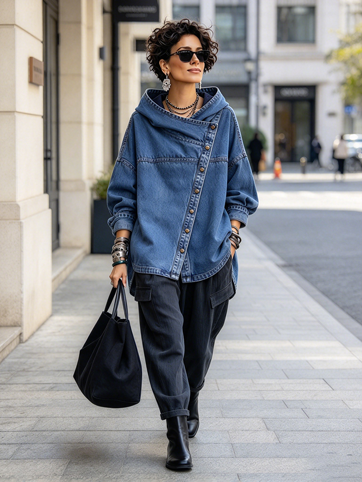 Malstreĉita Oversized Denim Asimetria Butona Kapuĉa Jako