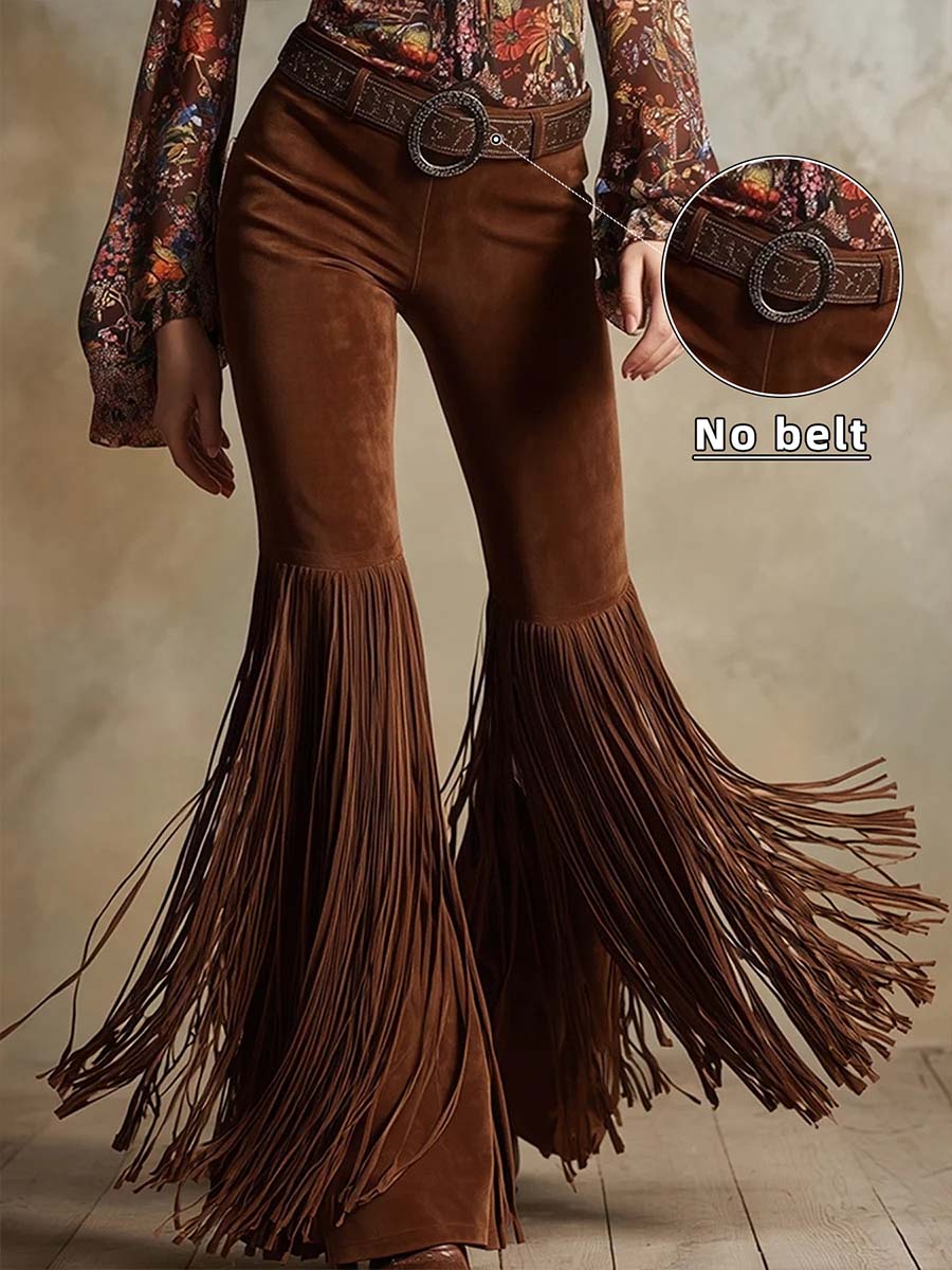 Pantalones acampanados con flecos de ante sintético occidental para mujer