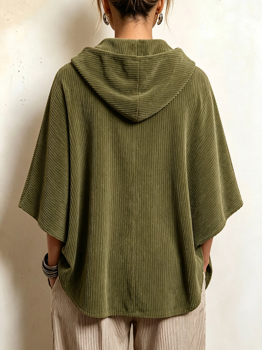 Cozy Asymmetric Corduroy Hooded Poncho Top
