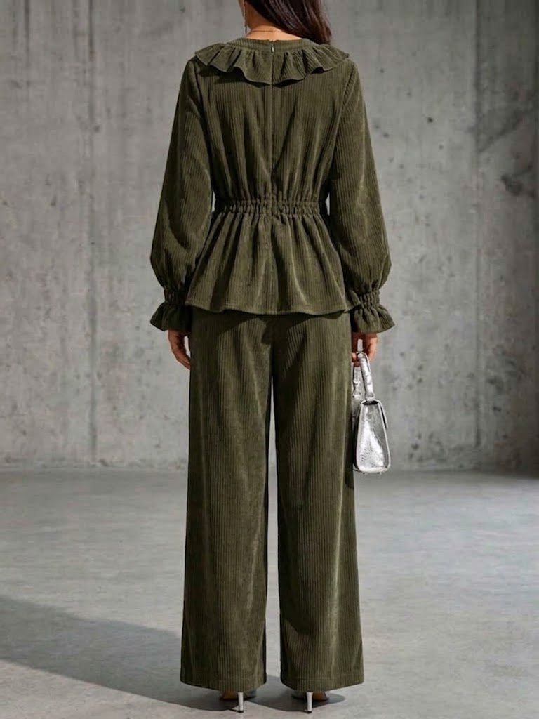 V-neck Ruffled Corduroy Wide-leg Pants Set