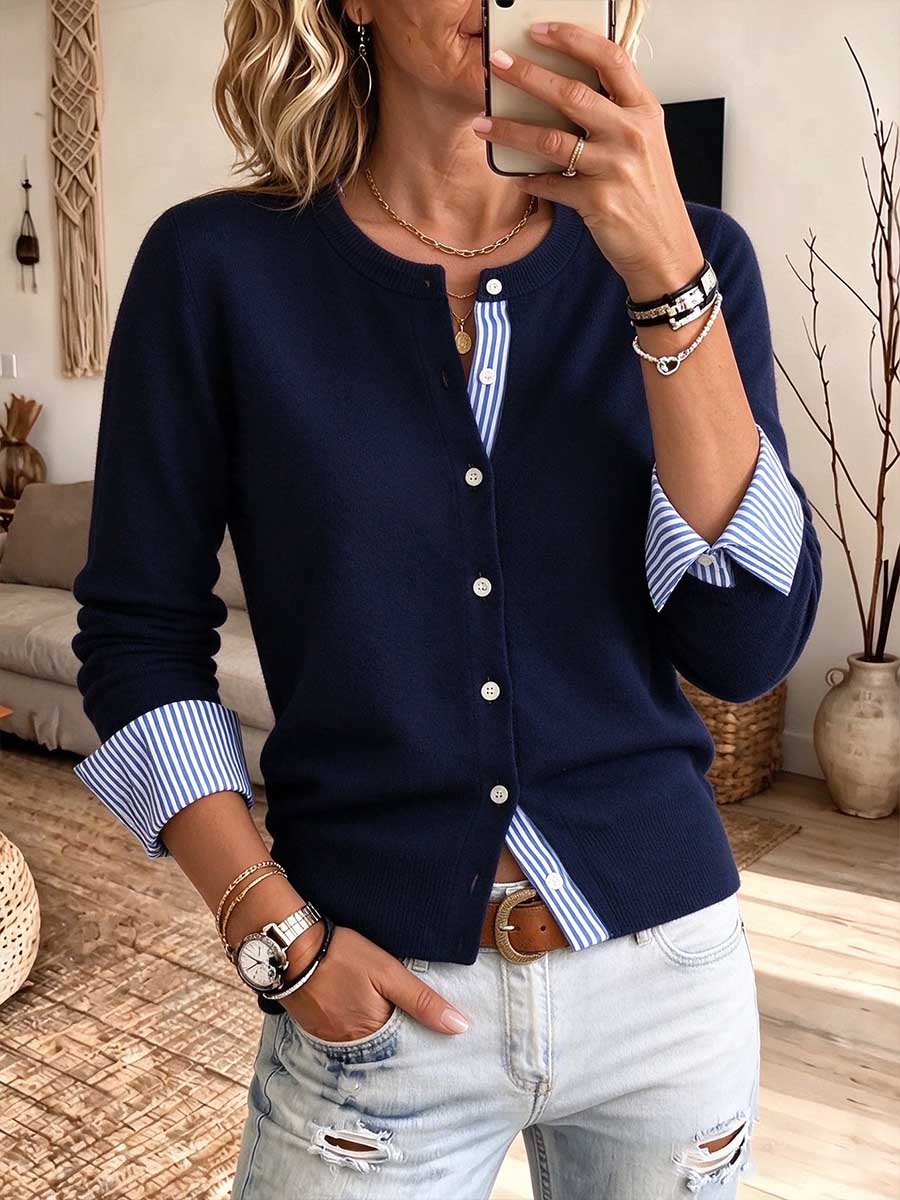 Striped Shirt Illusion Layered Knit Cardigan