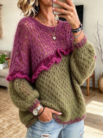 Maglione a maglia aperta in misto mohair con volant a blocchi di colore chic