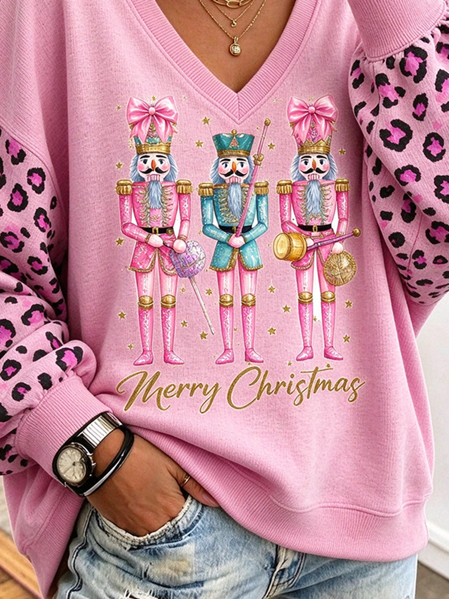 Gemütliches rosa Leoparden-Nussknacker-Weihnachts-Sweatshirt