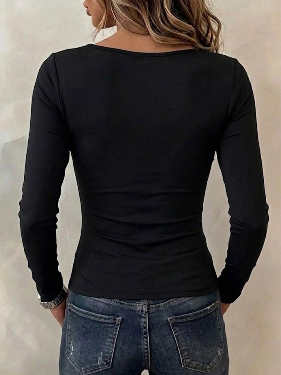 Top ajustado de manga larga con panel transparente de encaje y cuello cuadrado