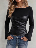 Round-neck Knitted Tube Top With Ruched Leather Paneling And Flared Sleeves