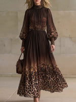 Women's Leopard Print Stand Collar Long Sleeve Casual Loose Chiffon Dress