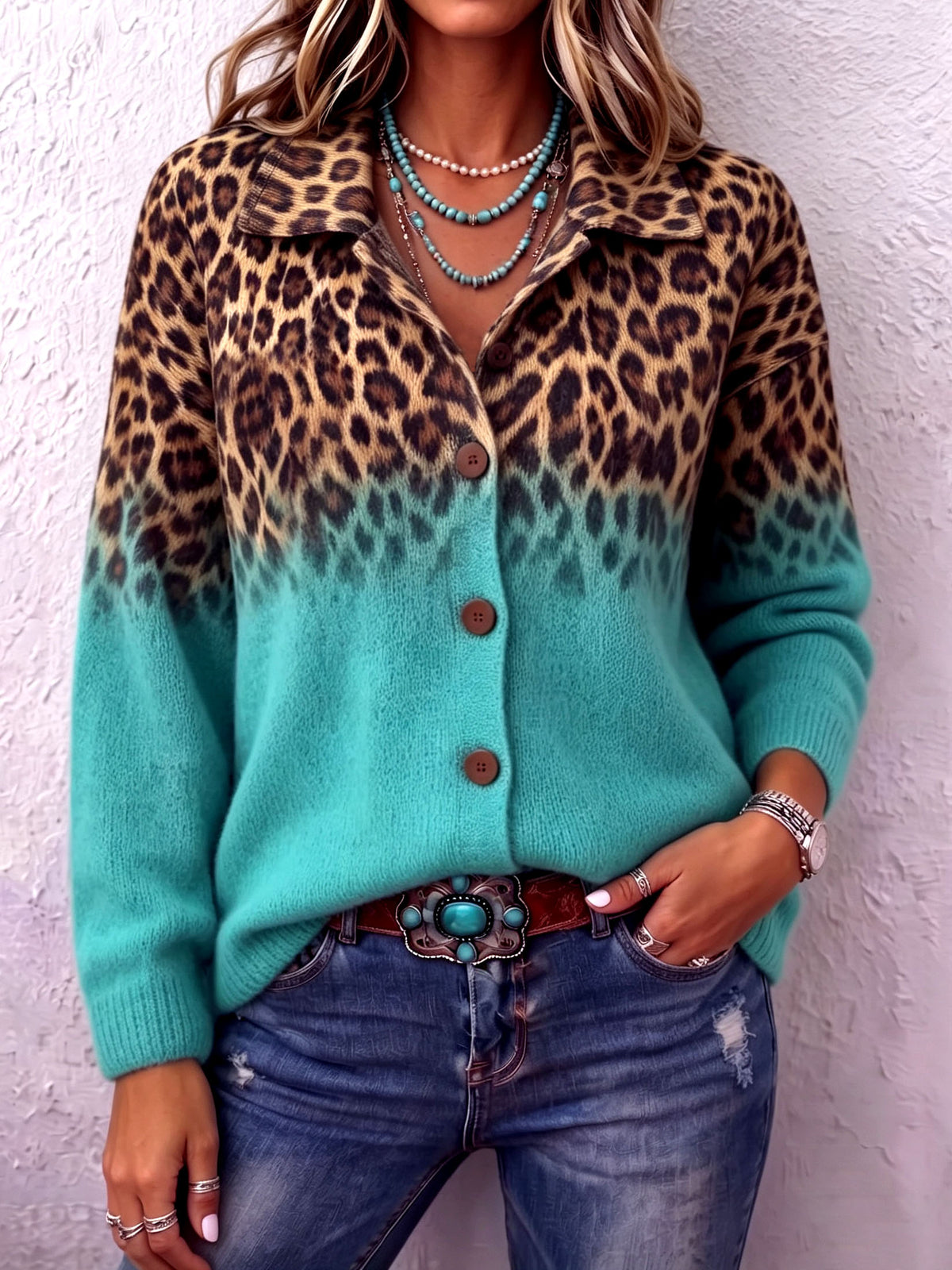 Boho Chic Ombre Leopard Print Knit Sweater