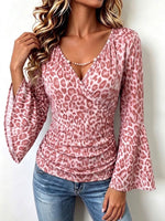 Boho-style Vintage Leopard Print Stretchy Casual Shirt With Bell Sleeves