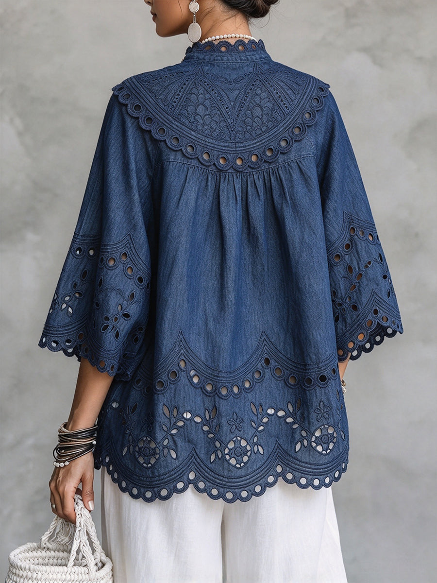 Boho Brodita Okuleta Denim Bluzo