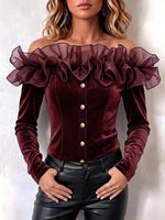 Tulle Ruffle Off‑shoulder Velvet Fitted Long‑sleeve Top