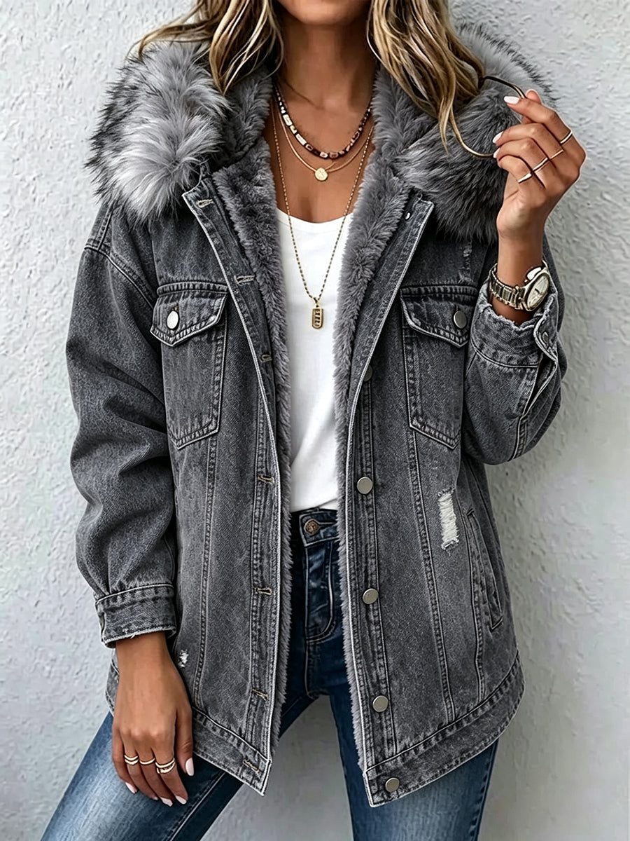 Casual, Warm, Distressed Denim Jacket With A Faux-fur Lining And Hood.