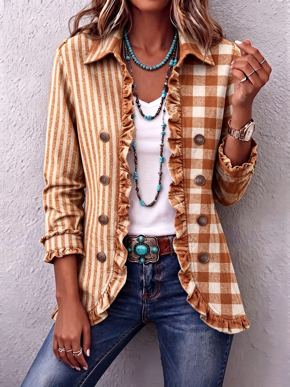 Chic Vintage Plaid Striped Ruffle Jacket