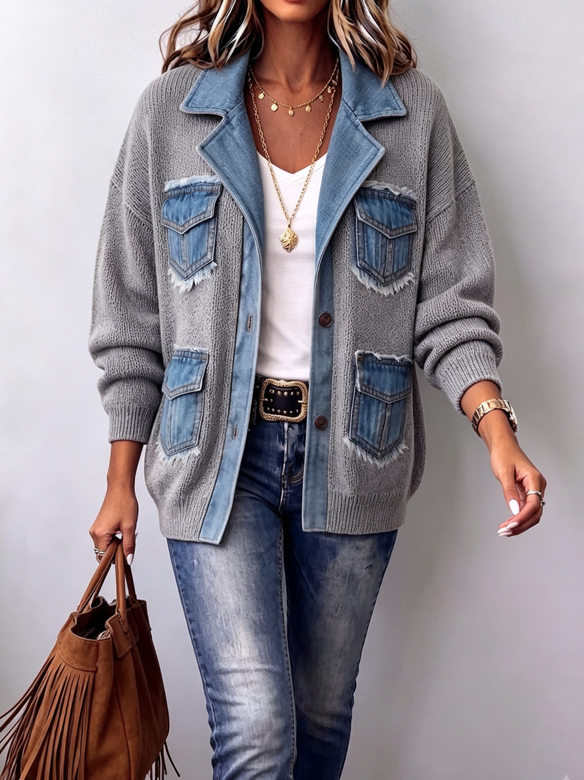 Cozy And Stylish Denim-trimmed Knit Jacket