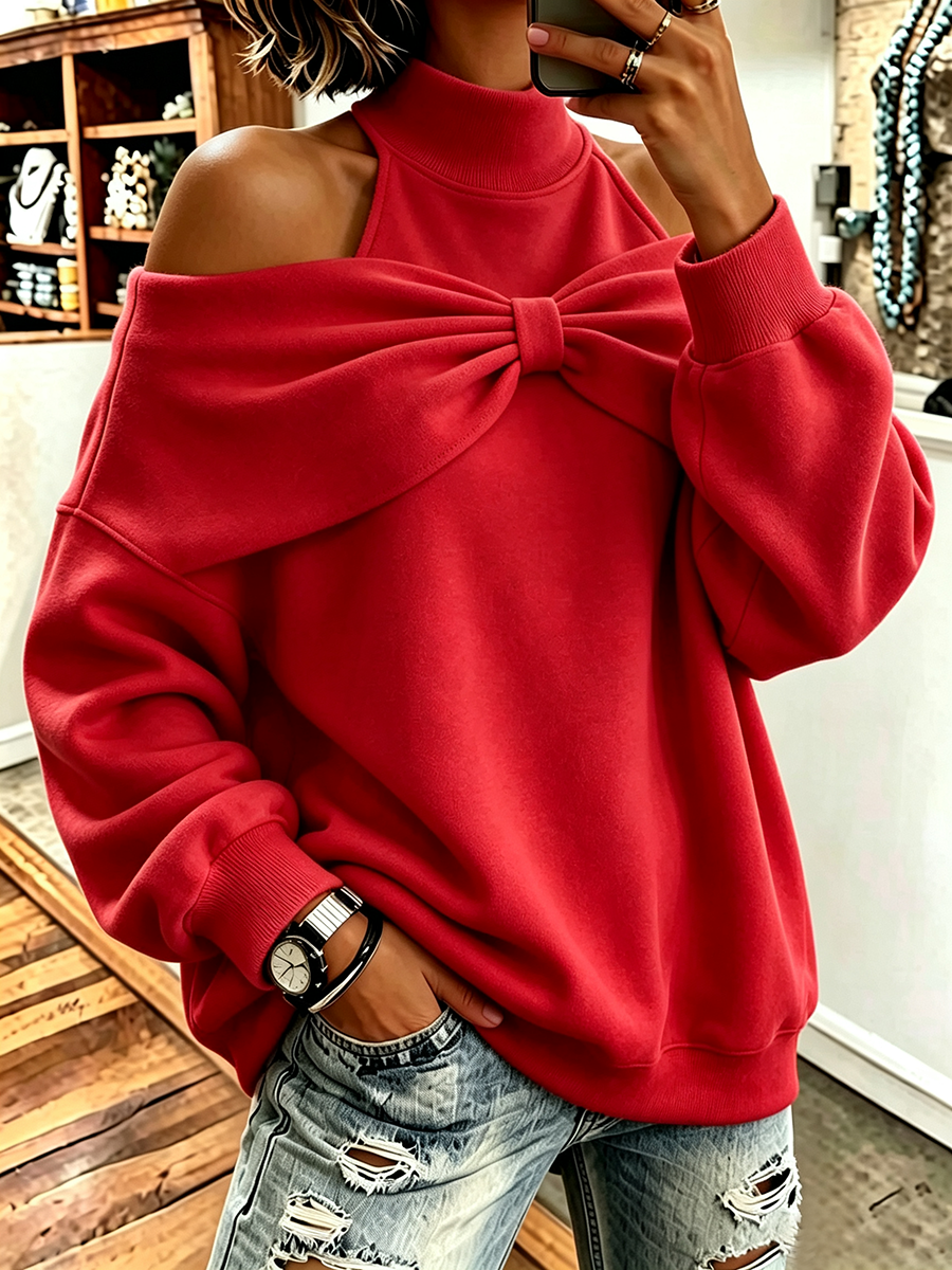 Felpa oversize chic con collo a lupetto e dettaglio fiocco