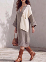 Women's V-neck Long-sleeve Casual Loose Color-block Knit Dress