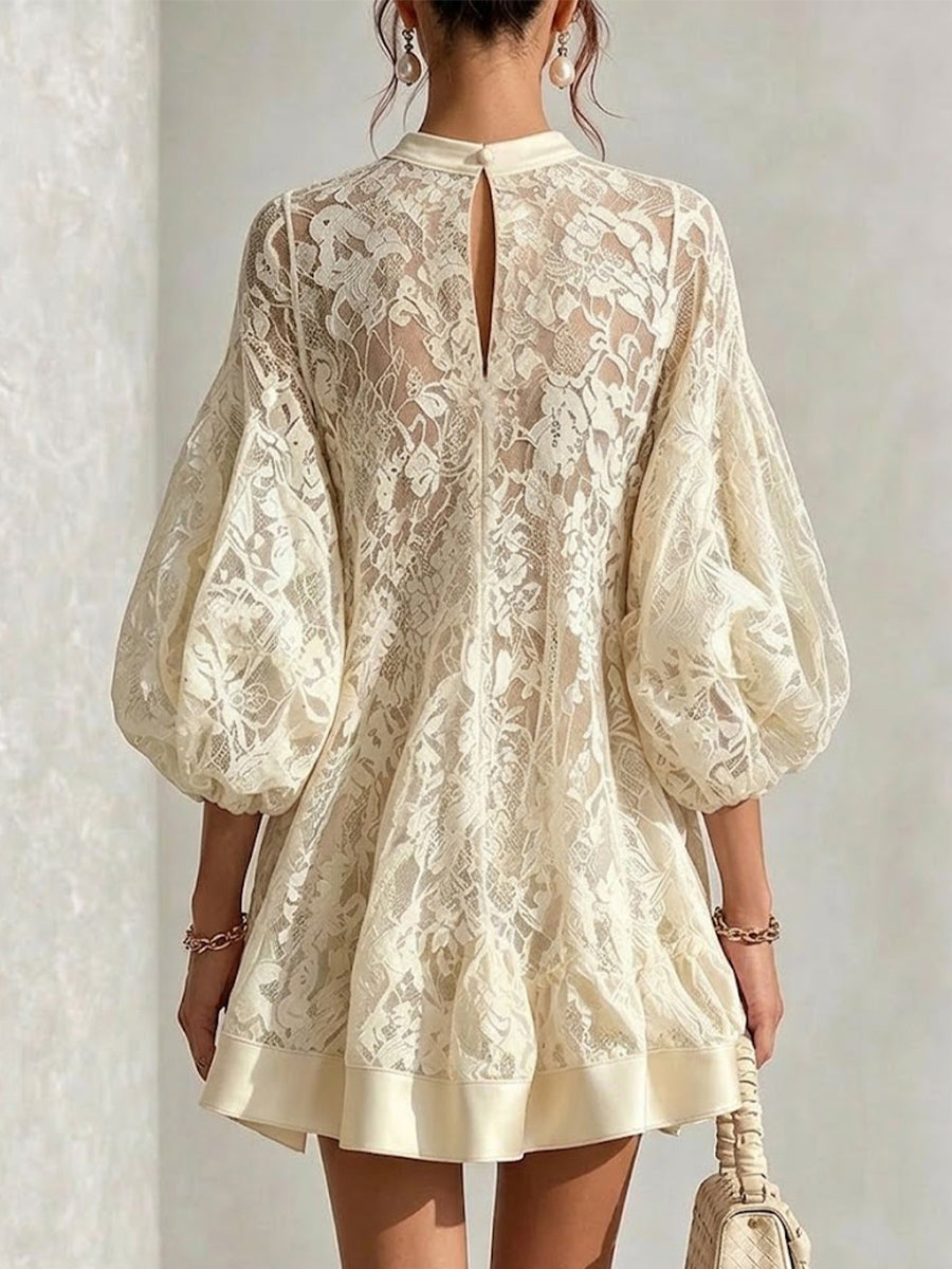 Casual Loose-fit Puff-sleeve Lace Dress