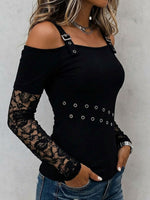 Women's Solid-color Off-shoulder Long-sleeve Casual Loose Lace-panel Top
