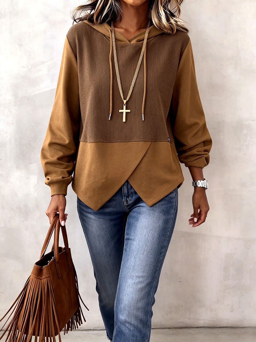 Cozy Color-blocked Knit Hooded Top With Layered Hem