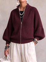 Cropped Knit Jacket With A Stand Collar, Zip Fastening, And Lantern Sleeves