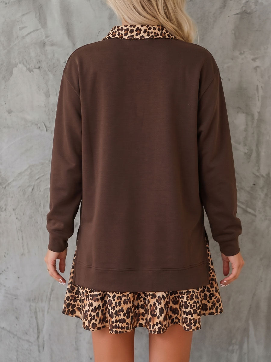 Lässiges, locker sitzendes Sweatshirt-Kleid für Damen mit Kragen, langen Ärmeln und Einsätzen mit Leopardenmuster