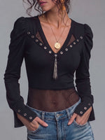 Women's Solid Color V-neck Long-sleeve Casual Loose-fit Top With Cut-out Mesh Paneling